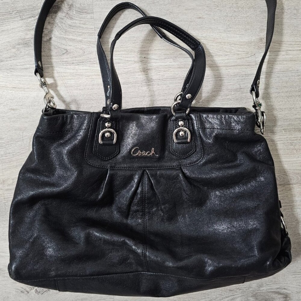 Coach Black Leather "Ashley" Satchel Convertible Carryall Cross Body EUC